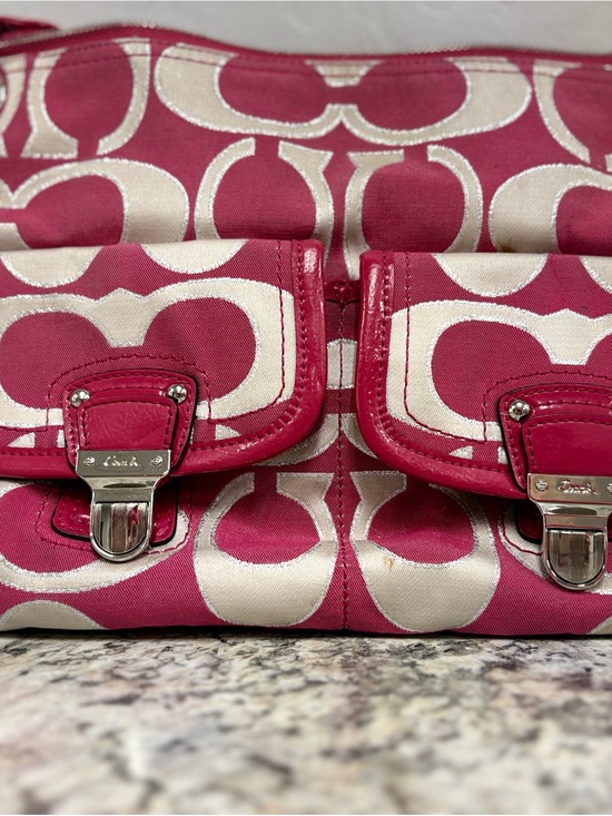Coach Handbags - Coach Pink and Cream Signature Canvas Double Front-Pocket Shoulder Bag